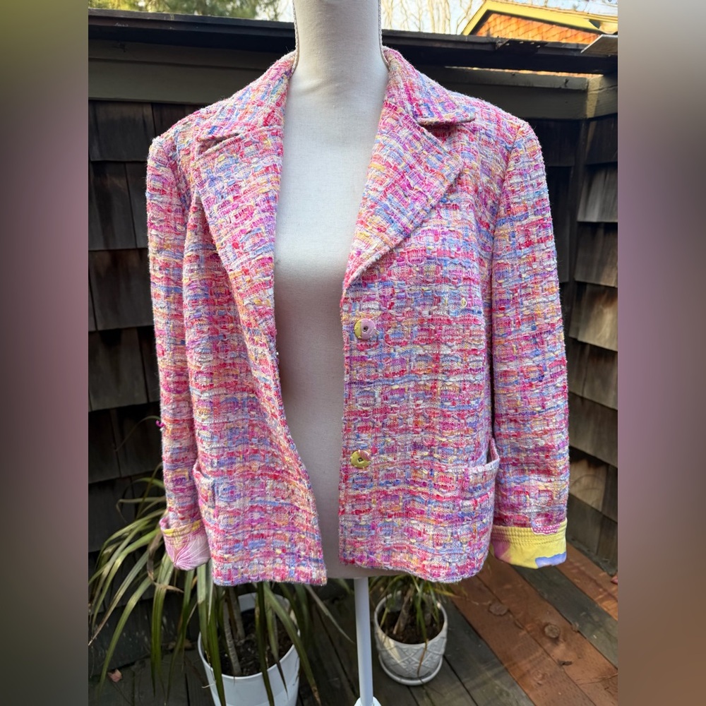 Escada tweed blazer jacket pastels silk floral lining Sz 44 L pinks yellows - Picture 9 of 13